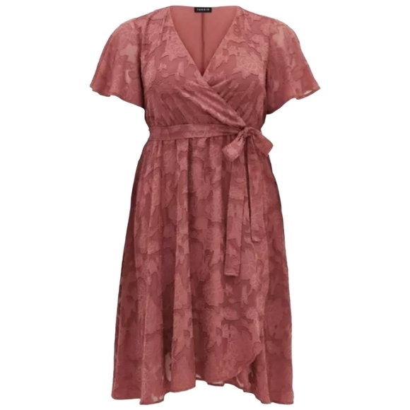 torrid Dresses & Skirts - Torrid Pink Floral Burnout Jacquard Wrap Midi Dress Size 3